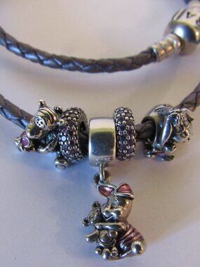 LOT Disney Winnie the Pooh PANDORA Charms Leather Bracelet Piglet Eeyore Tigger